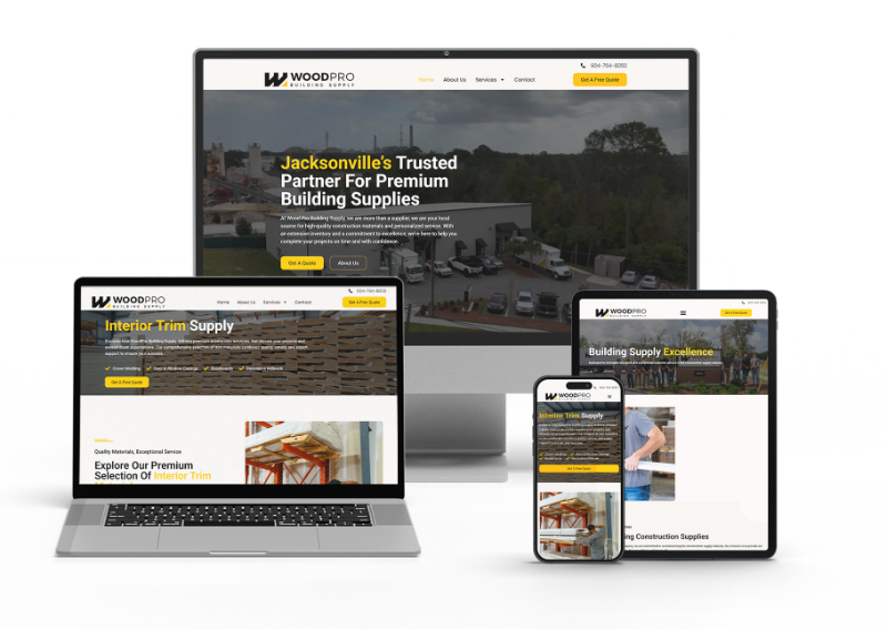 Wood Pro Supply website shown on desktop, tablet and mobile - a Grindstone Design build